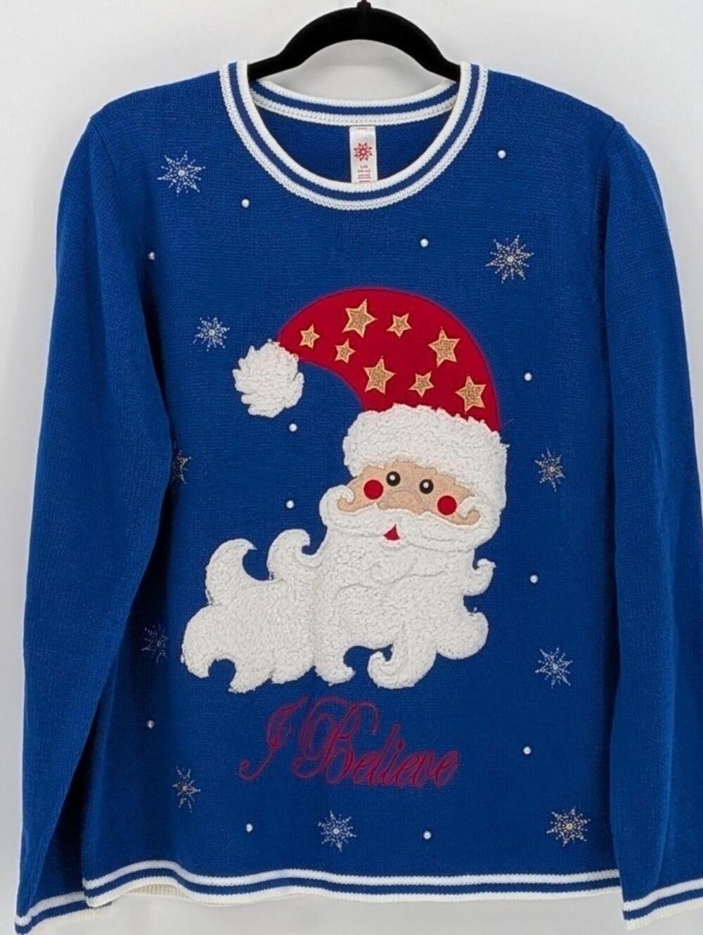 Magical Santa Claus Large Blue White Christmas I Believe Santa Ringer Sweater